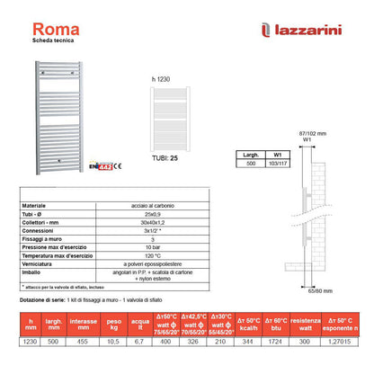 Termoarredo scaldasalviette in acciaio cromato 1230x500 interasse 450 Lazzarini Roma 605 watt by CeramicStore | Lo specialista del tuo bagno