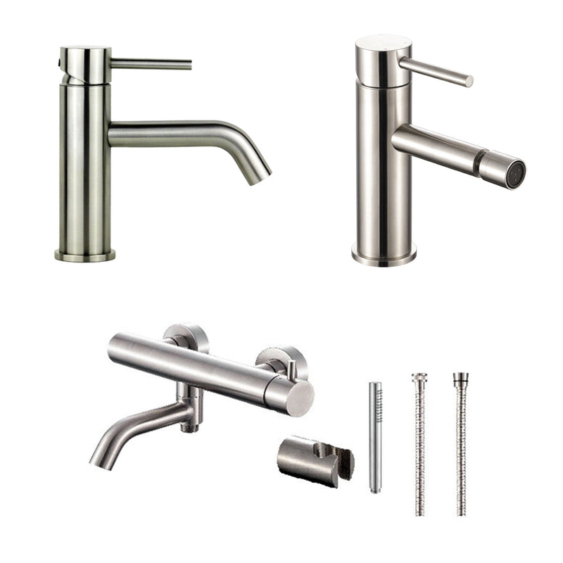 Composizione di miscelatori per lavabo, bidet e vasca serie TriaSix in acciaio 316 spazzolato by CeramicStore | Lo specialista del tuo bagno