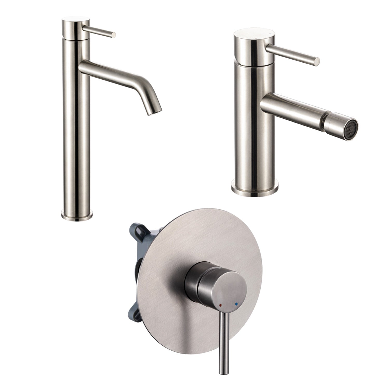 Composizione di miscelatori per lavabo alto, bidet e doccia a una via serie TriaSix in acciaio 316 spazzolato by CeramicStore | Lo specialista del tuo bagno