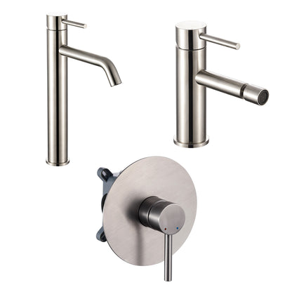 Composizione di miscelatori per lavabo alto, bidet e doccia a una via serie TriaSix in acciaio 316 spazzolato by CeramicStore | Lo specialista del tuo bagno