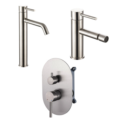 Composizione di miscelatori per lavabo alto, bidet e doccia a 2 vie serie TriaSix in acciaio 316 spazzolato by CeramicStore | Lo specialista del tuo bagno