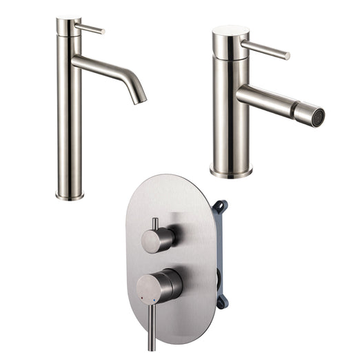 Composizione di miscelatori per lavabo alto, bidet e doccia a 2 vie serie TriaSix in acciaio 316 spazzolato by CeramicStore | Lo specialista del tuo bagno
