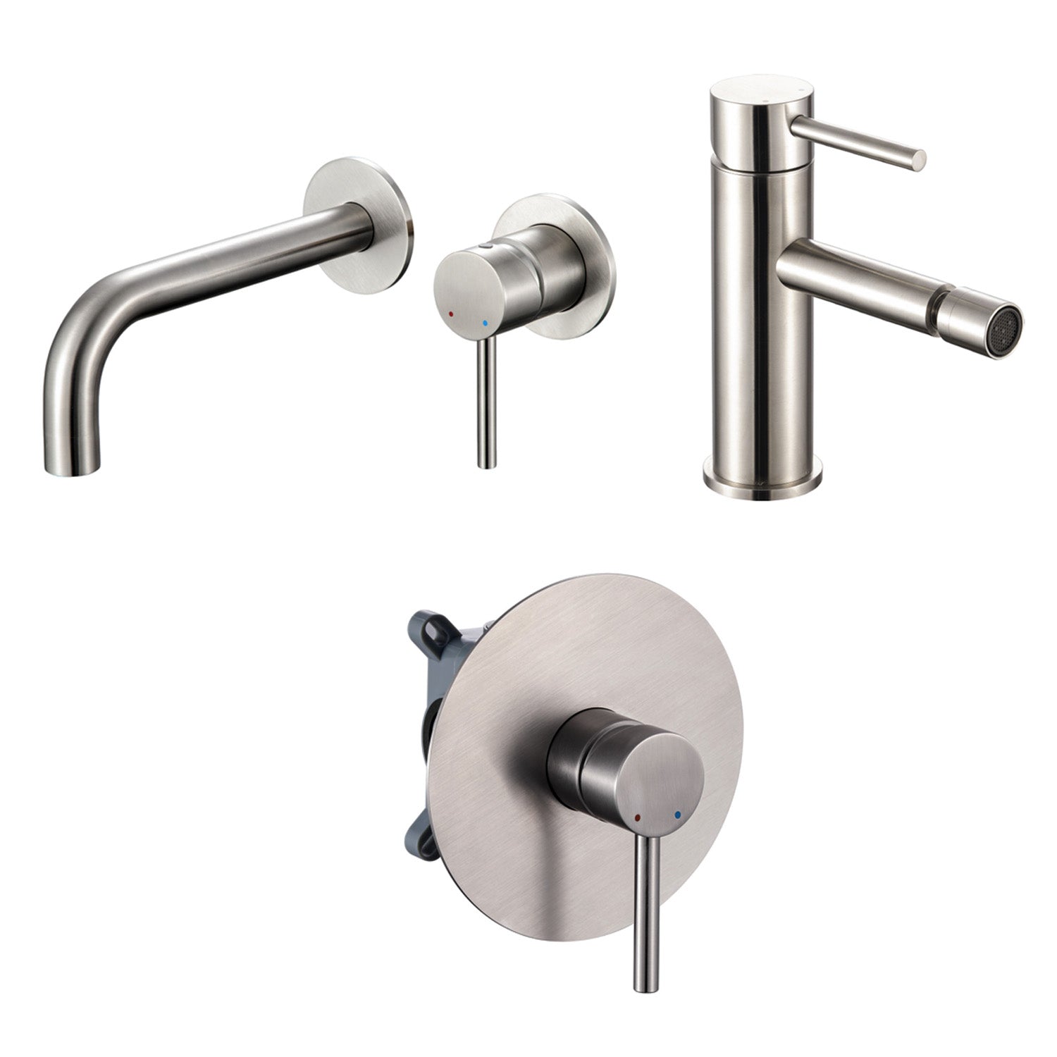 Composizione di miscelatori per lavabo incasso, bidet e doccia a una via serie TriaSix in acciaio 316 spazzolato by CeramicStore | Lo specialista del tuo bagno