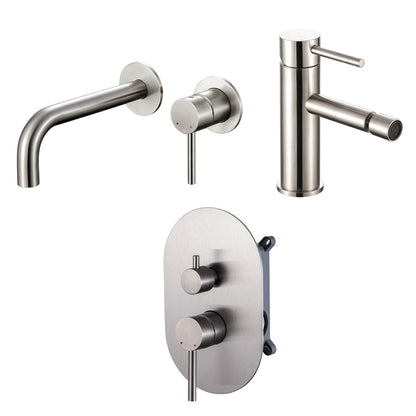 Composizione di miscelatori per lavabo incasso, bidet e doccia a 2 vie serie TriaSix in acciaio 316 spazzolato by CeramicStore | Lo specialista del tuo bagno