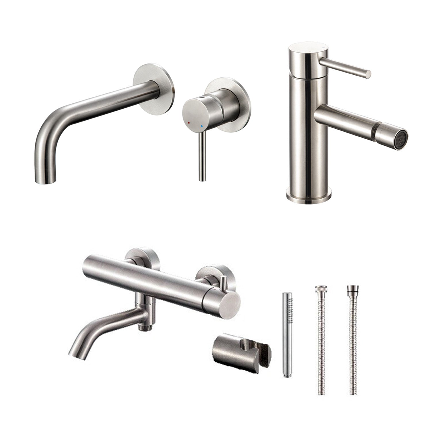 Composizione di miscelatori per lavabo incasso, bidet e vasca serie TriaSix in acciaio 316 spazzolato by CeramicStore | Lo specialista del tuo bagno