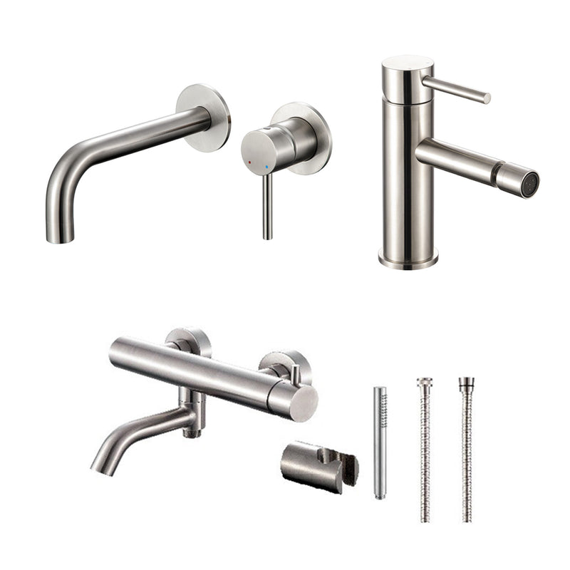 Composizione di miscelatori per lavabo incasso, bidet e vasca serie TriaSix in acciaio 316 spazzolato by CeramicStore | Lo specialista del tuo bagno