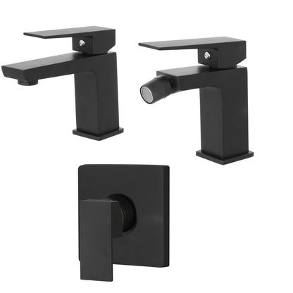 Kit miscelatore lavabo, bidet e doccia a  due vie RubiFlux serie Arkon con scarico clic-clac - Nero Opaco