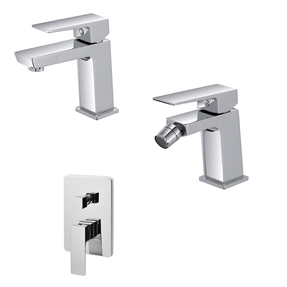 Kit miscelatore lavabo, bidet e doccia a due uscite RubiFlux serie Arkon con scarico clic-clac - Cromo
