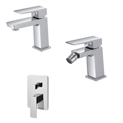 Kit miscelatore lavabo, bidet e doccia a due uscite RubiFlux serie Arkon con scarico clic-clac - Cromo