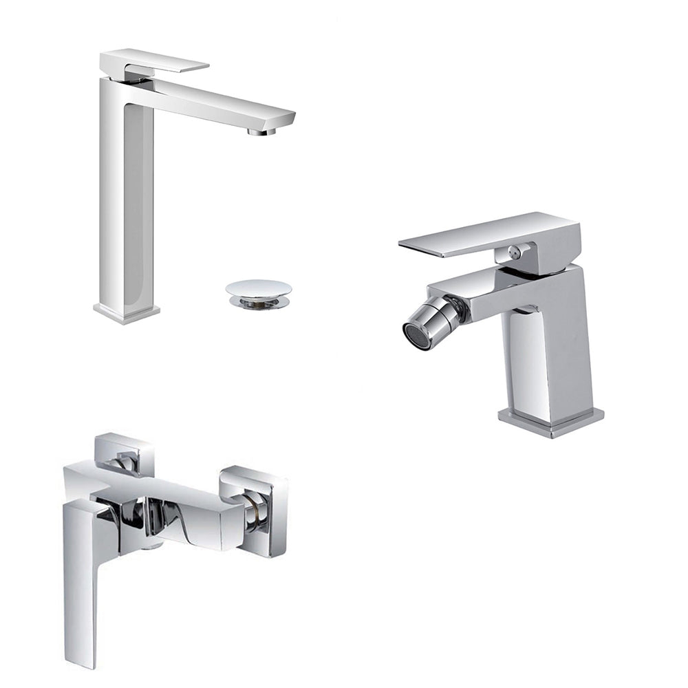 Kit miscelatore lavabo alto, bidet e doccia esterno RubiFlux serie Arkon con scarico clic-clac - Cromo