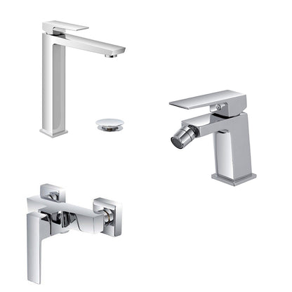 Kit miscelatore lavabo alto, bidet e doccia esterno RubiFlux serie Arkon con scarico clic-clac - Cromo
