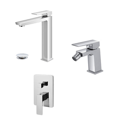 Kit miscelatore lavabo alto, bidet e doccia  a incasso a due vie RubiFlux serie Arkon con scarico clic-clac - Cromo