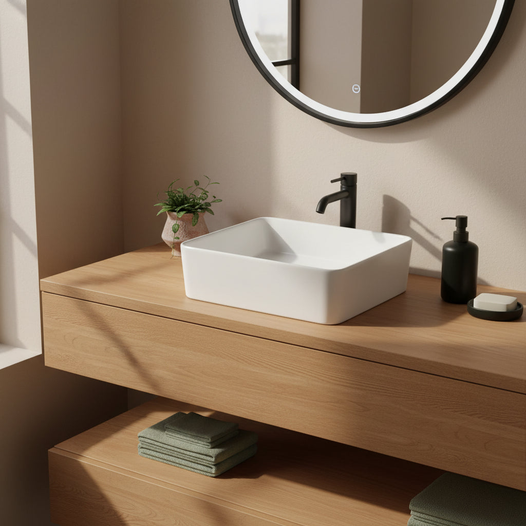 Lavabo appoggio Quadro 38cm in ceramica bianco lucido