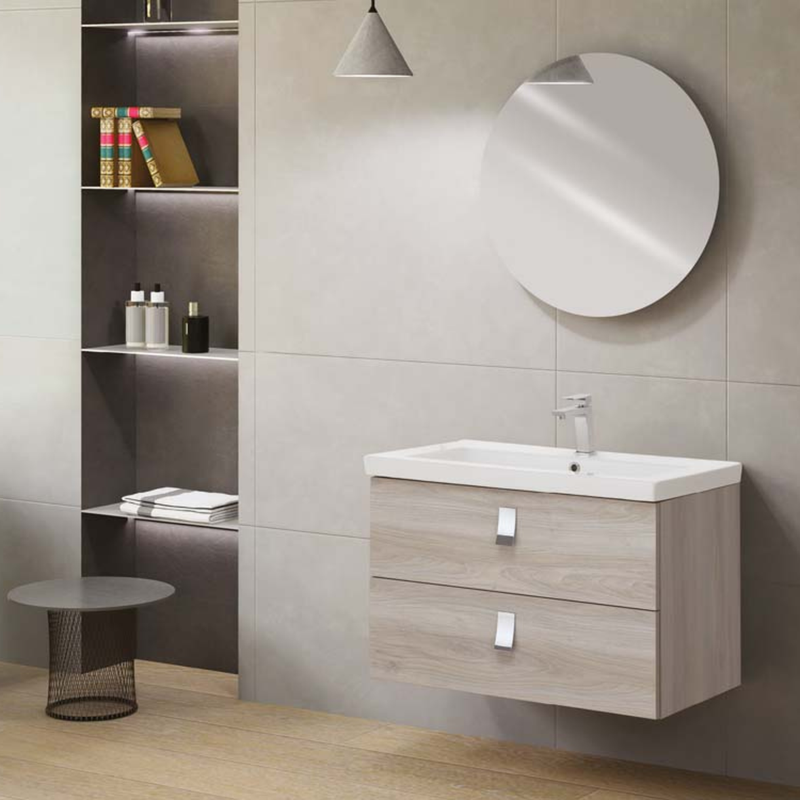 Mobile da bagno sospeso da 80 cm finitura Rovere Grigio completo di lavabo e specchio tondo diametro 70 cm