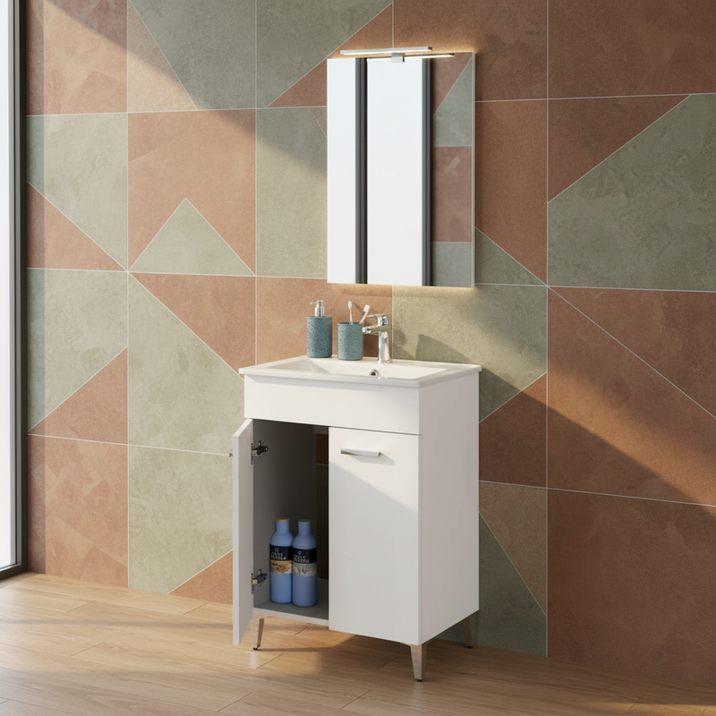 Mobili Bagno a Terra 60 Cm Due Ante Specchio Con Lampada Led 50x70 Cm Cubi&Co "Greta" Bianco Lucido
