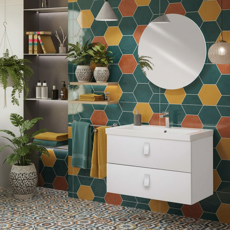Mobile da bagno sospeso da 80 cm finitura Bianco Frassinato completo di lavabo e specchio tondo diametro 70 cm