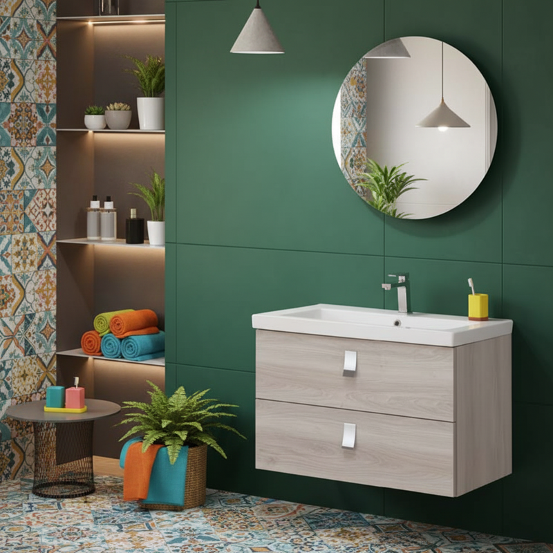 Mobile da bagno sospeso da 80 cm finitura Rovere Grigio completo di lavabo e specchio tondo diametro 70 cm