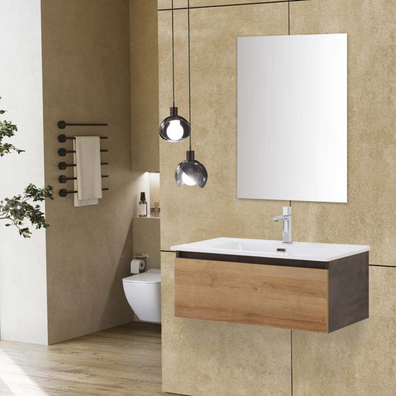 Mobile Bagno Sospeso 80 Cm Un Cassetto Specchio a Filo 80x60 Cm Ossido Grigio/Rovere Riviera Cubi&Co collezione Urban