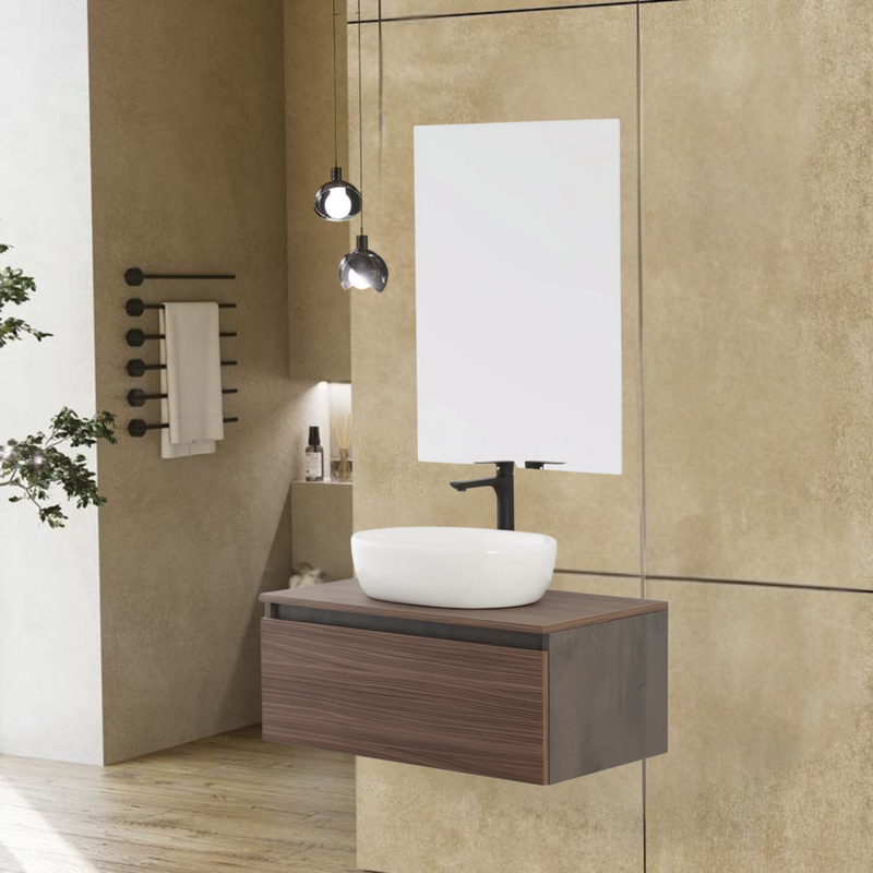 Mobile Bagno Sospeso 80 Cm Un Cassetto Specchio a Filo 80x60 Cm Ossido Grigio/Noce Canaletto Cubi&Co collezione Mood