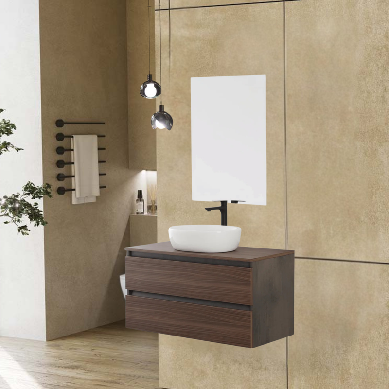 Mobile Bagno Sospeso 100 Cm Due Cassetti Specchio a Filo 80x60 Cm colore Ossido Grigio/Noce Canaletto