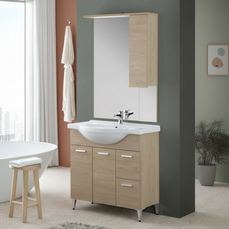 Mobile Bagno a Terra 85 Cm con Due Cassetti Due Ante Specchio Con Pensile e Faretti Led 76x106 Cm Cubi&Co "Stella" Rovere Dolomite