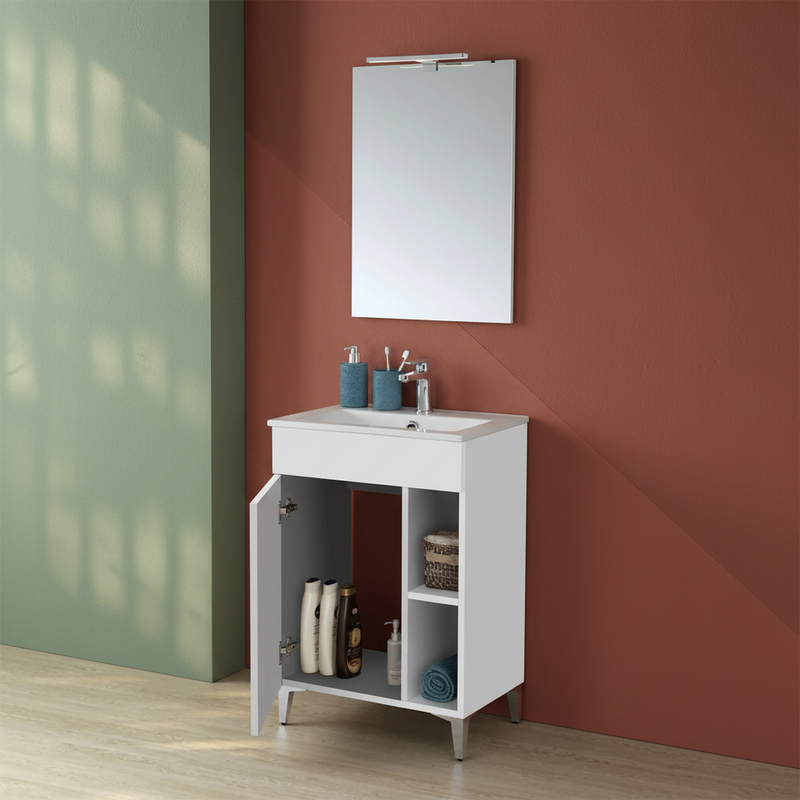 Mobile Bagno a Terra 60 Cm Un'Anta Con Vano a Giorno Specchio Su Telaio Con Lampada Led 50x70 Cm Cubi&Co  "Small" Bianco Lucido