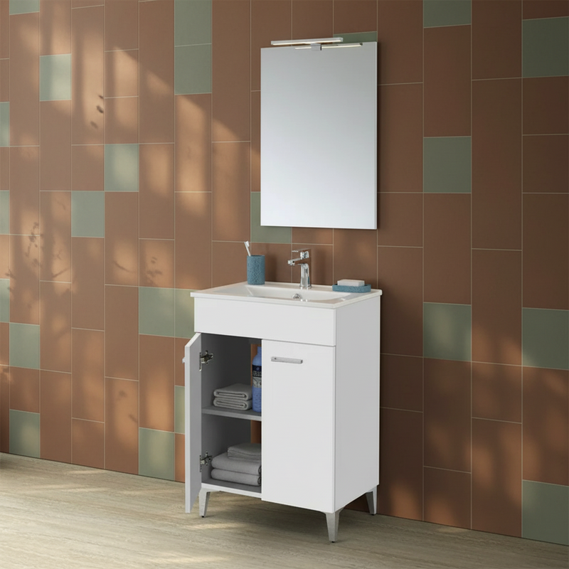 Mobile Bagno a Terra 80 Cm Due Ante Specchio Con Lampada Led 62x78,5 Cm Cubi&Co "Greta" Bianco Lucido