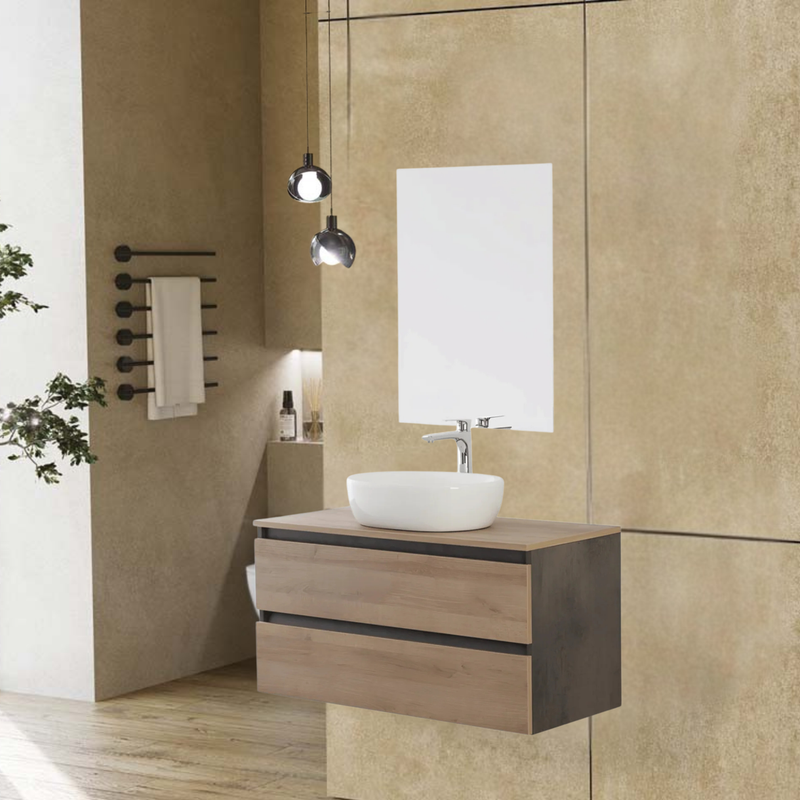 Mobile Bagno Sospeso 80 Cm Due Cassetti Specchio a Filo 80x60 Cm colore Ossido Grigio/Rovere Riviera