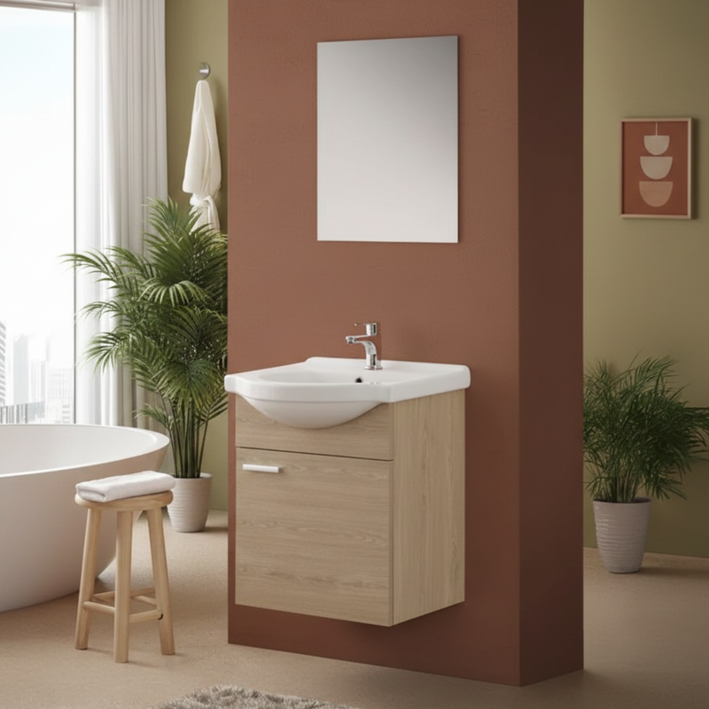 Mobile Bagno Sospeso 55 Cm Un'Anta Specchio 48x57 Cm Cubi&Co"Stella" Rovere Dolomite