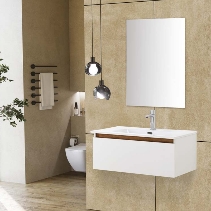 Mobile Bagno Sospeso 80 Cm Un Cassetto Specchio a Filo 80x60 Cm Bianco Frassinato/Rovere Cubi&Co collezione Urban