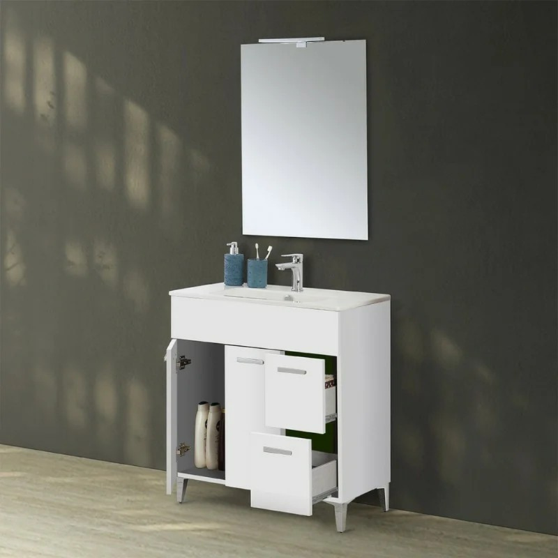 Mobile Bagno a Terra 80 Cm Due Ante Due Cassetti Specchio Con Lampada Led 62x78,5 Cm Bianco Lucido Cubi&Co collezione Frame