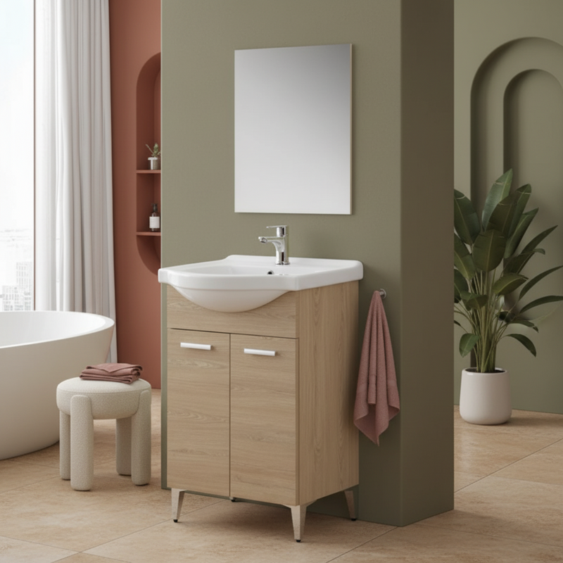 Mobile Bagno a Terra 55 Cm Due Ante Specchio 48x73 Cm Cubi&Co "Stella" Rovere Dolomite
