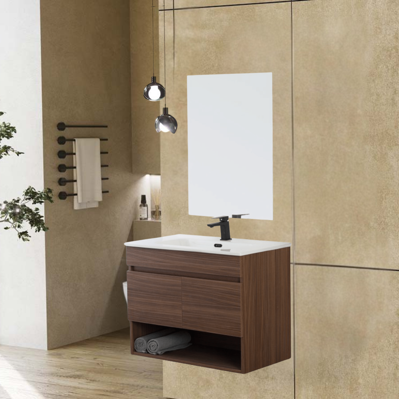 Mobile Bagno Sospeso 80 Cm Due Ante Vano a Giorno Specchio a Filo 80x60 Cm finitura Noce Canaletto