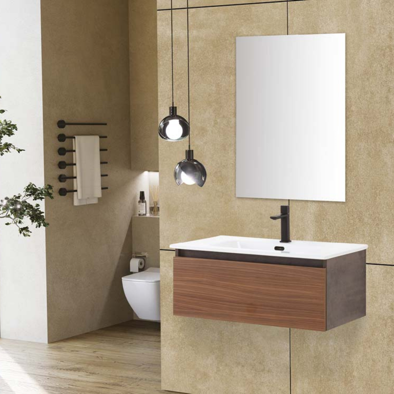 Mobile Bagno Sospeso 80 Cm Un Cassetto Specchio a Filo 80x60 Cm Ossido Grigio/Noce Canaletto Cubi&Co collezione Urban