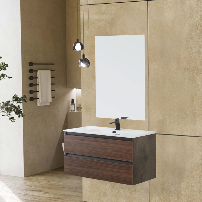 Mobile Bagno Sospeso 100 Cm Due Cassetti Specchio a Filo 80x60 Cm Finitura Ossido Grigio / Noce Canaletto