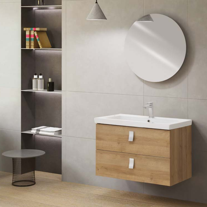 Mobile da bagno sospeso da 80 cm finitura Rovere Riviera completo di lavabo e specchio tondo diametro 70 cm
