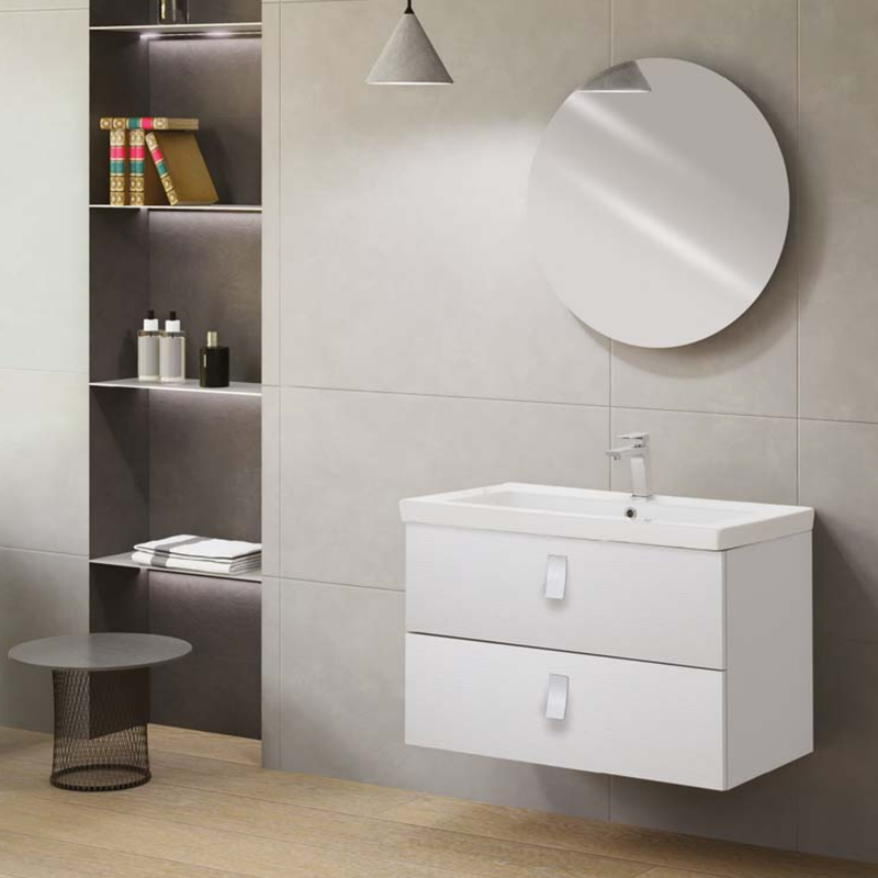 Mobile da bagno sospeso da 80 cm finitura Bianco Frassinato completo di lavabo e specchio tondo diametro 70 cm