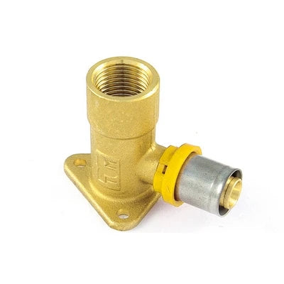 Raccordo per multistrato gas curvo femmina con flangia 3 fori 16 x 1/2