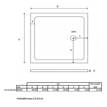 Piatto doccia quadrato Kepler 80x80 h.6 cm in acrilico rinforzato senza piletta by CeramicStore | Lo specialista del tuo bagno