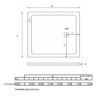Piatto doccia quadrato Kepler 90x90 h.6 cm in acrilico rinforzato senza piletta