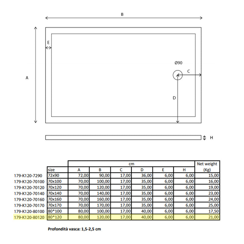 Piatto doccia rettangolare Kepler 80x120 h.6 cm in acrilico rinforzato senza piletta by CeramicStore | Lo specialista del tuo bagno
