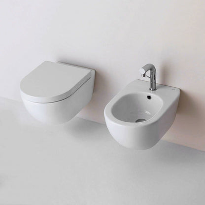 Sanitari sospesi senza brida Althea Cover in ceramica Bianco Opaco wc+ bidet + sedile soft close slim