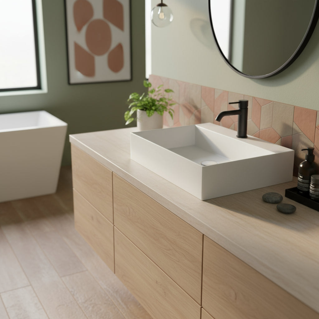 Lavabo da appoggio/sospeso squadrato di Ceramica Azzurra serie Elegance 65x45 cm con piano a sinistra e foro rubinetteria