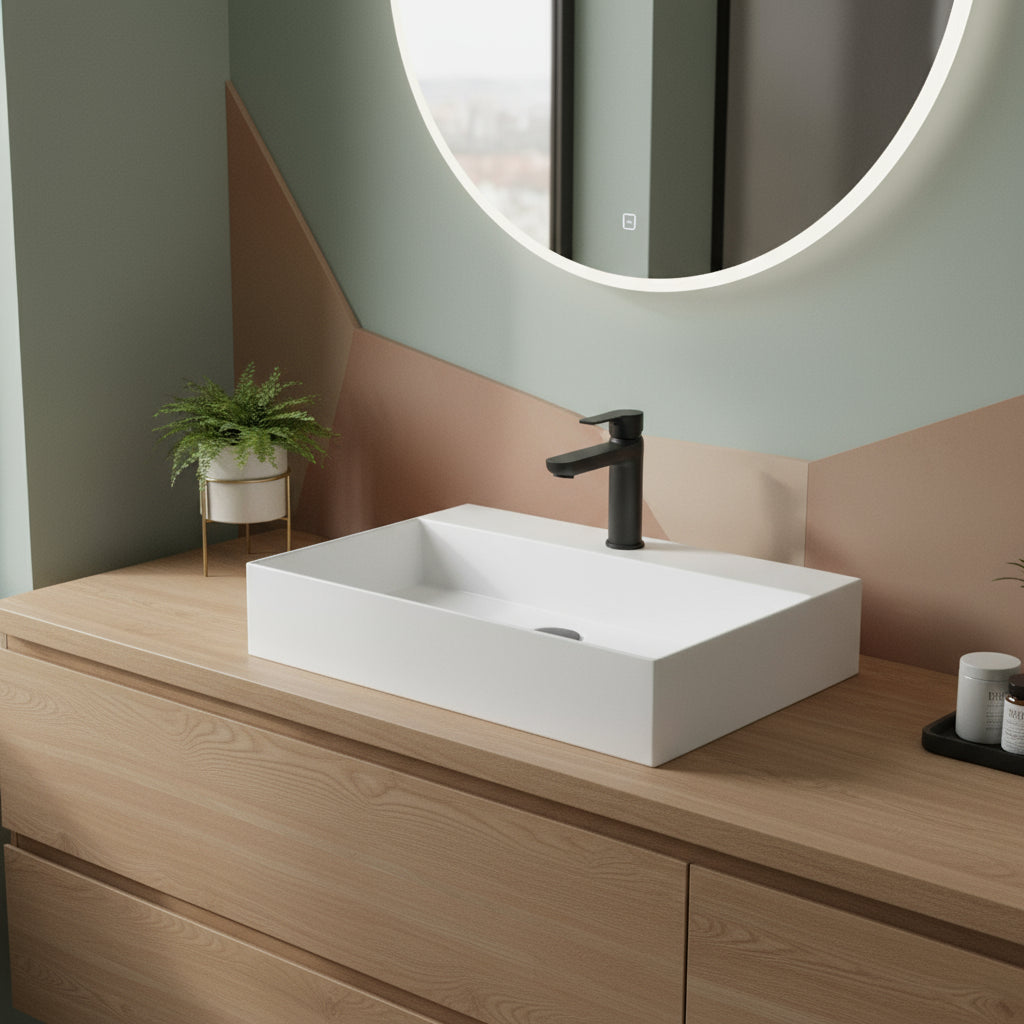 Lavabo da appoggio/sospeso squadrato di Ceramica Azzurra serie Elegance 81x46 cm con piano a sinistra e foro rubinetteria