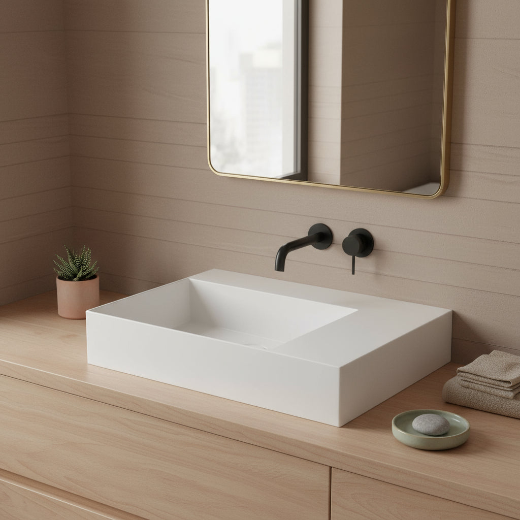 Lavabo da appoggio/sospeso squadrato di Ceramica Azzurra serie Elegance 81x46 cm con piano a destra