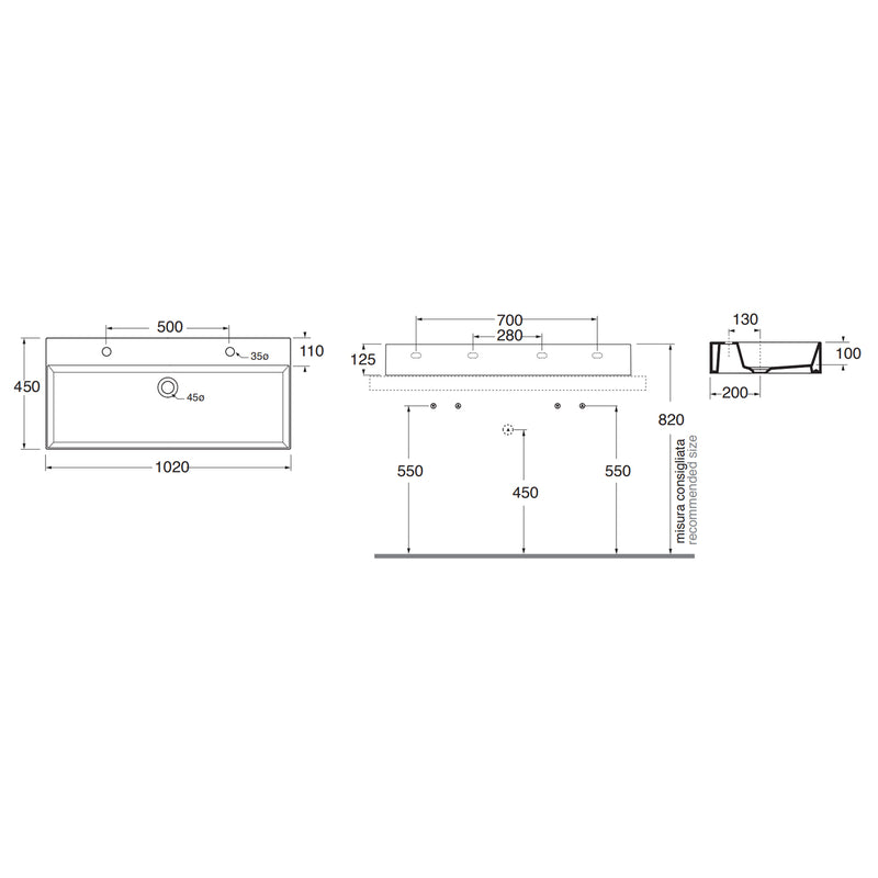 Lavabo da appoggio/sospeso squadrato Ceramica Azzurra Elegance 102x45 cm con doppio foro rubinetteria