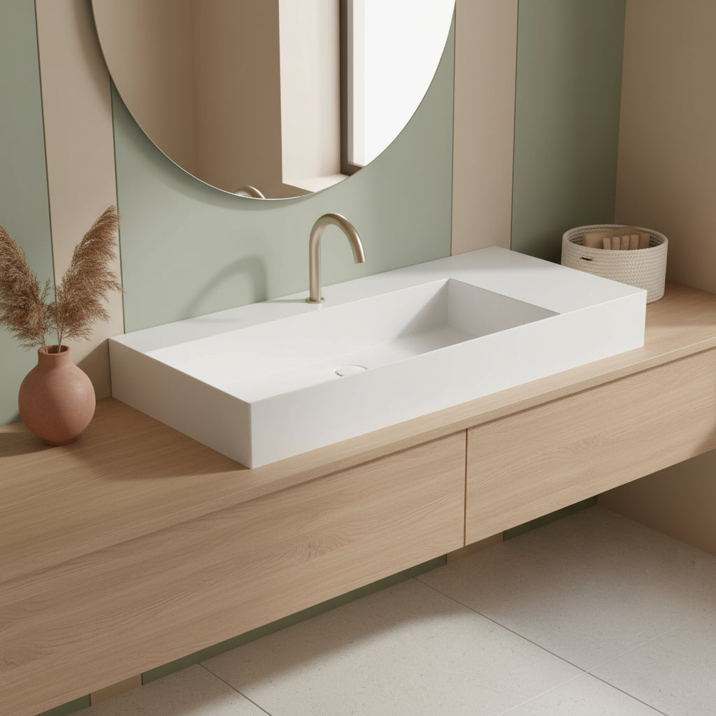 Lavabo da appoggio/sospeso squadrato di Ceramica Azzurra serie Elegance 102x46 cm con piano a destra e foro rubinetteria