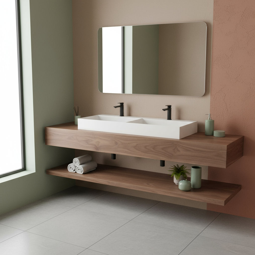 Lavabo da appoggio/sospeso squadrato con doppia vasca Ceramica Azzurra Elegance 122x45 cm con fori rubinetteria