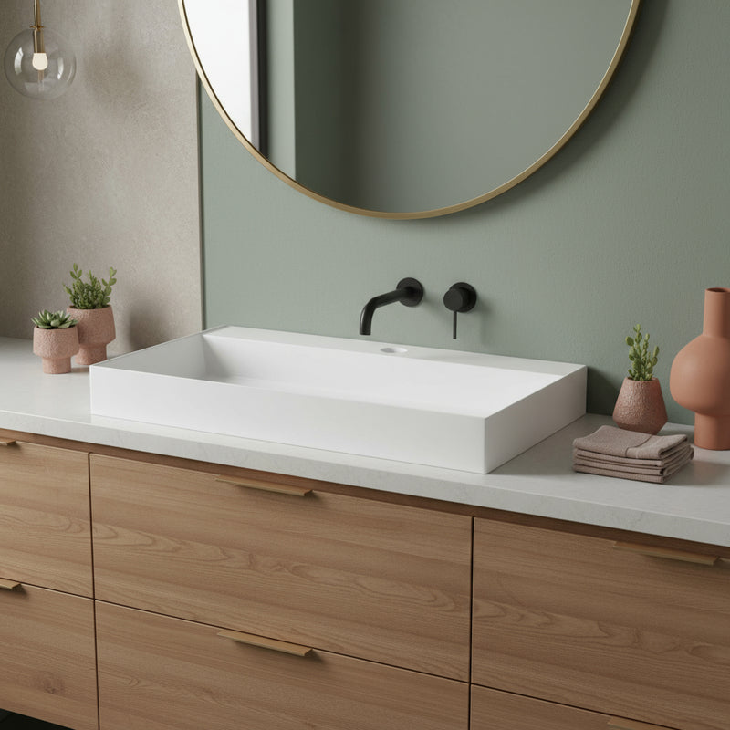 Lavabo da appoggio/sospeso squadrato di Ceramica Azzurra serie Elegance 122x46 cm con piano a sinistra e foro rubinetteria