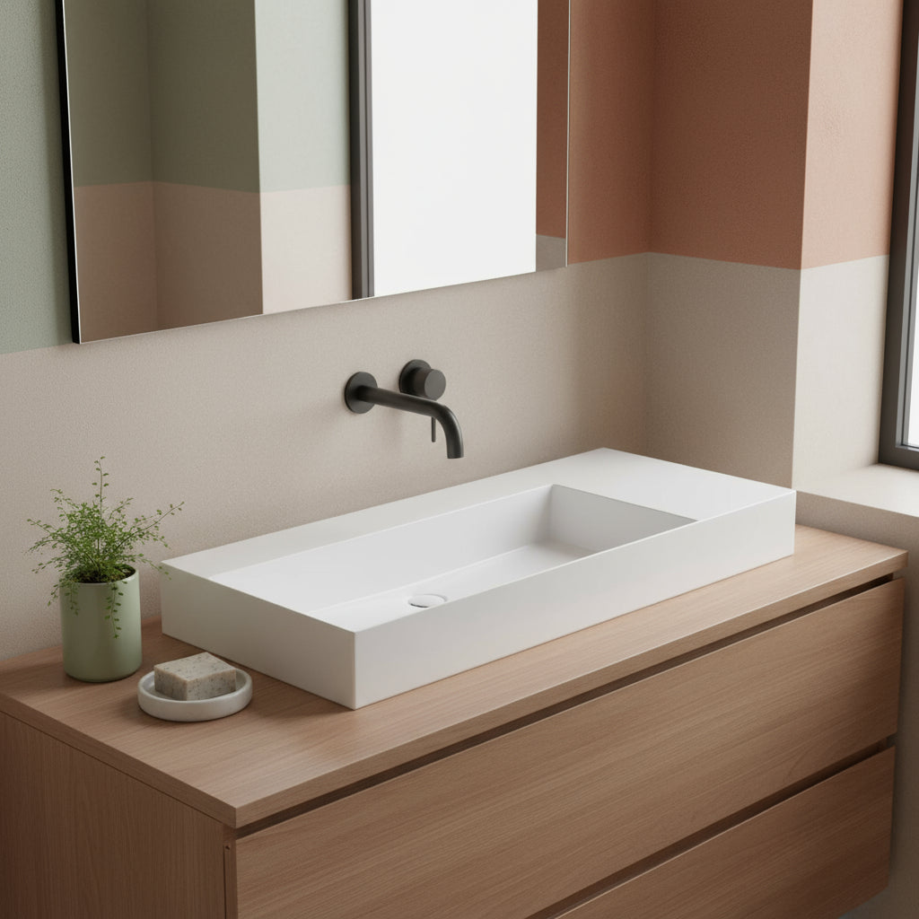 Lavabo da appoggio/sospeso squadrato di Ceramica Azzurra serie Elegance 122x46 cm con piano a destra